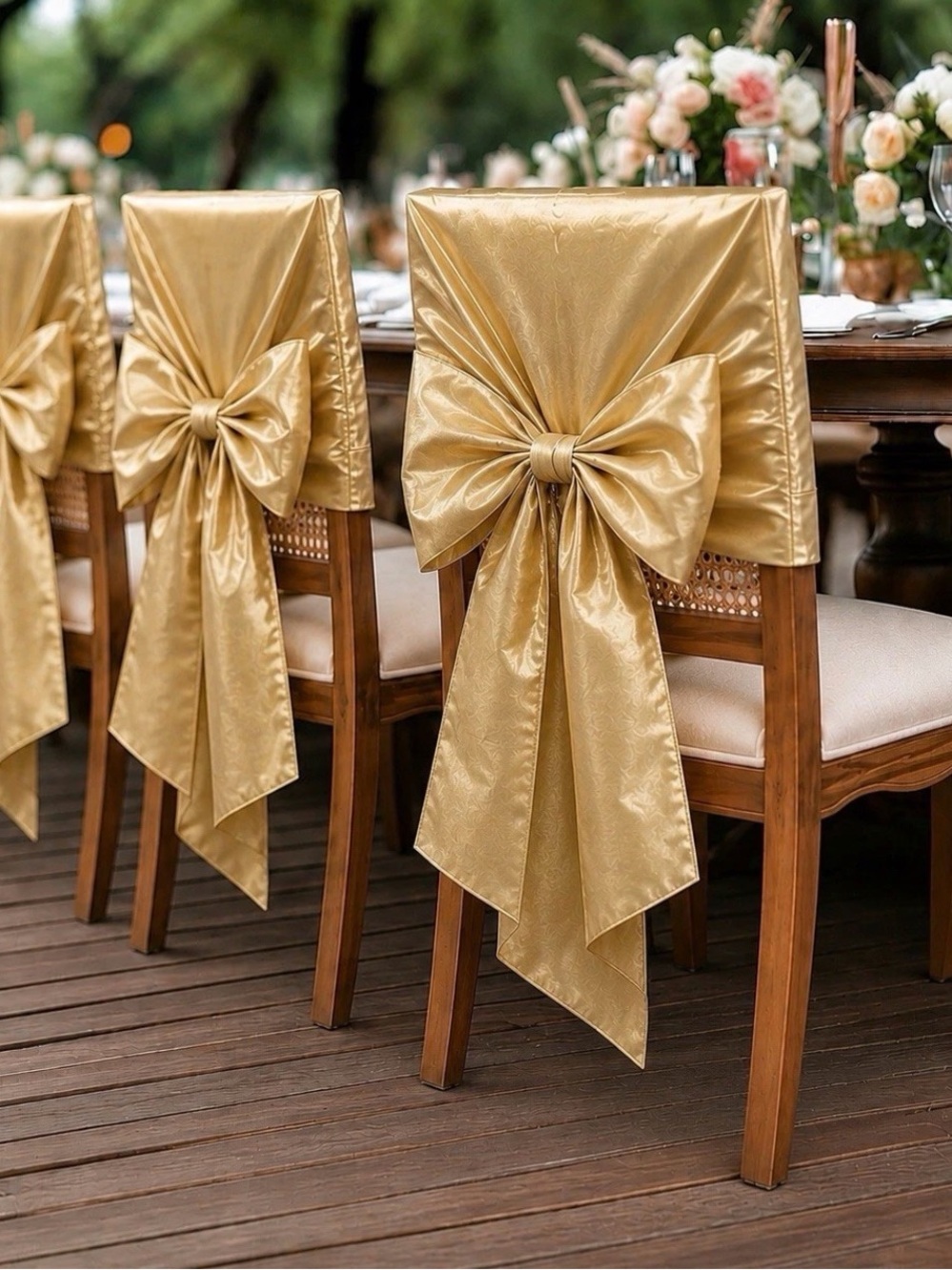Gold Wedding Chair Cover Bow Set 16 Covers + 3 Tablecloths Event Decor